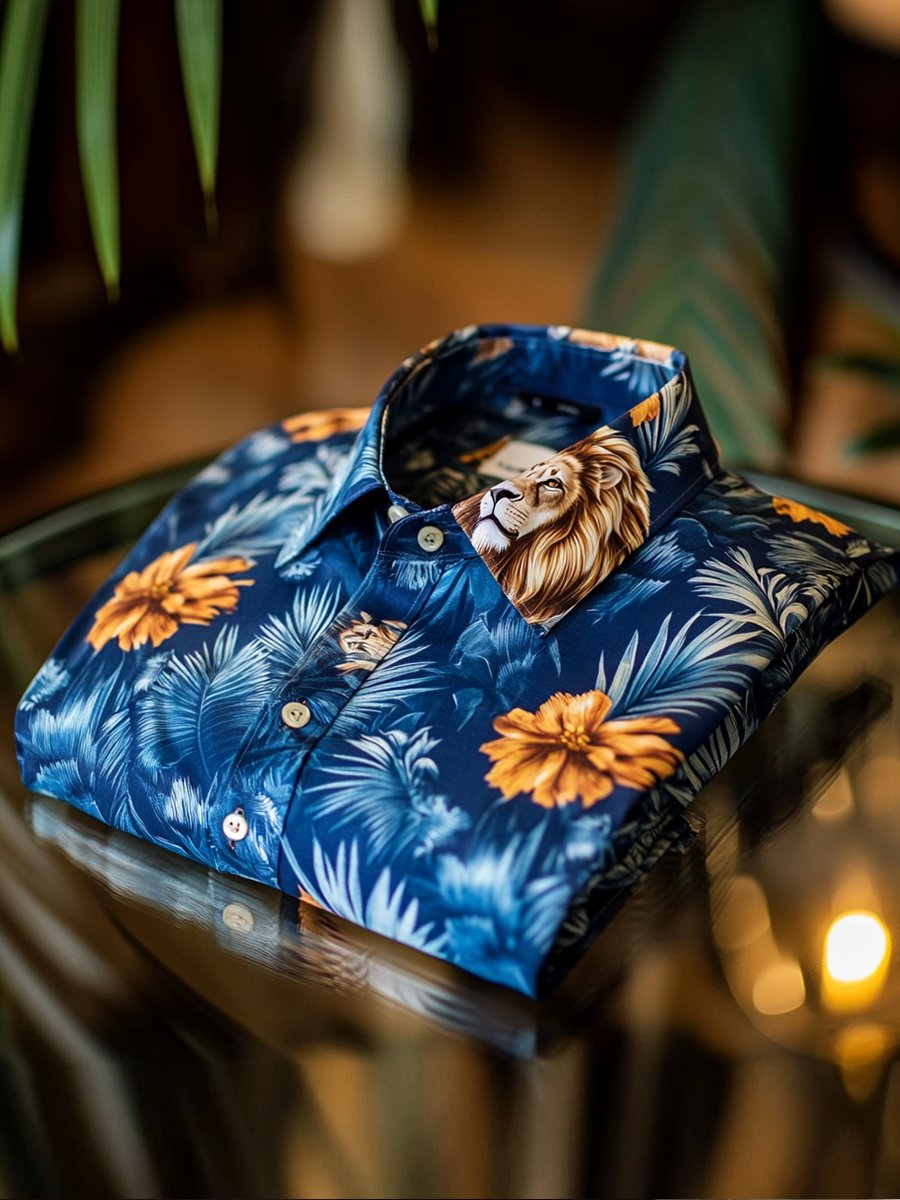 Camisa casual Lion floral de manga larga para hombre