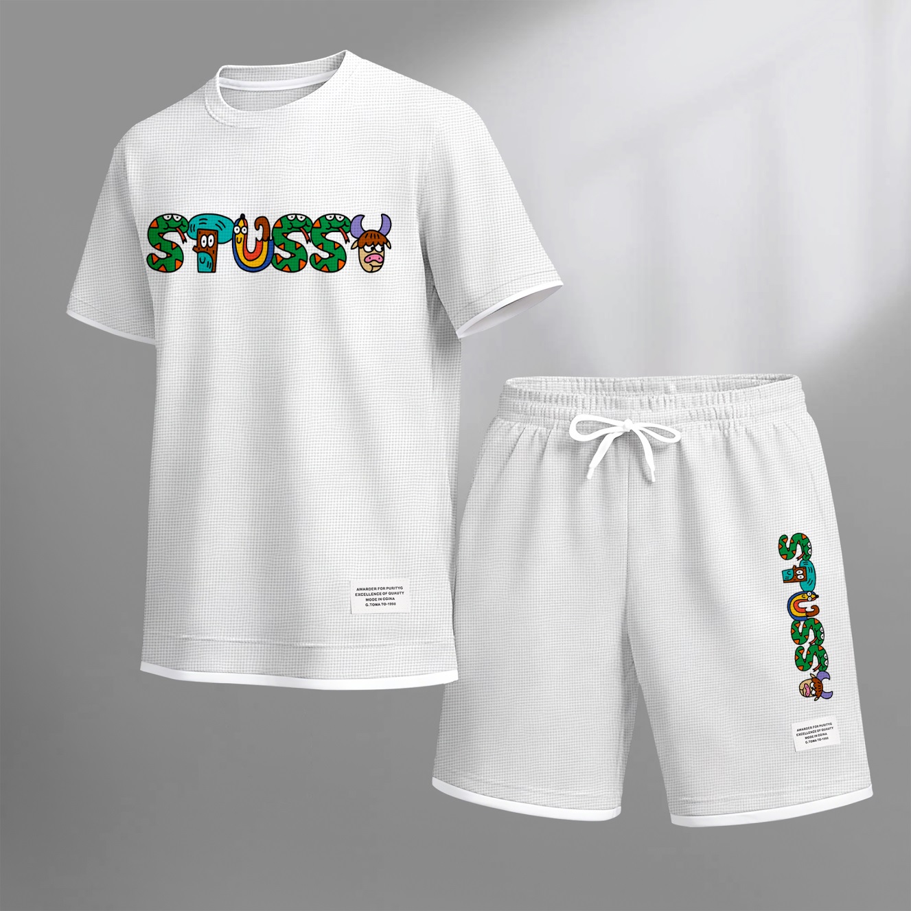 Camisa Y2K Cartoon estampado Waffle Fabric de manga corta And shorts Set para hombre