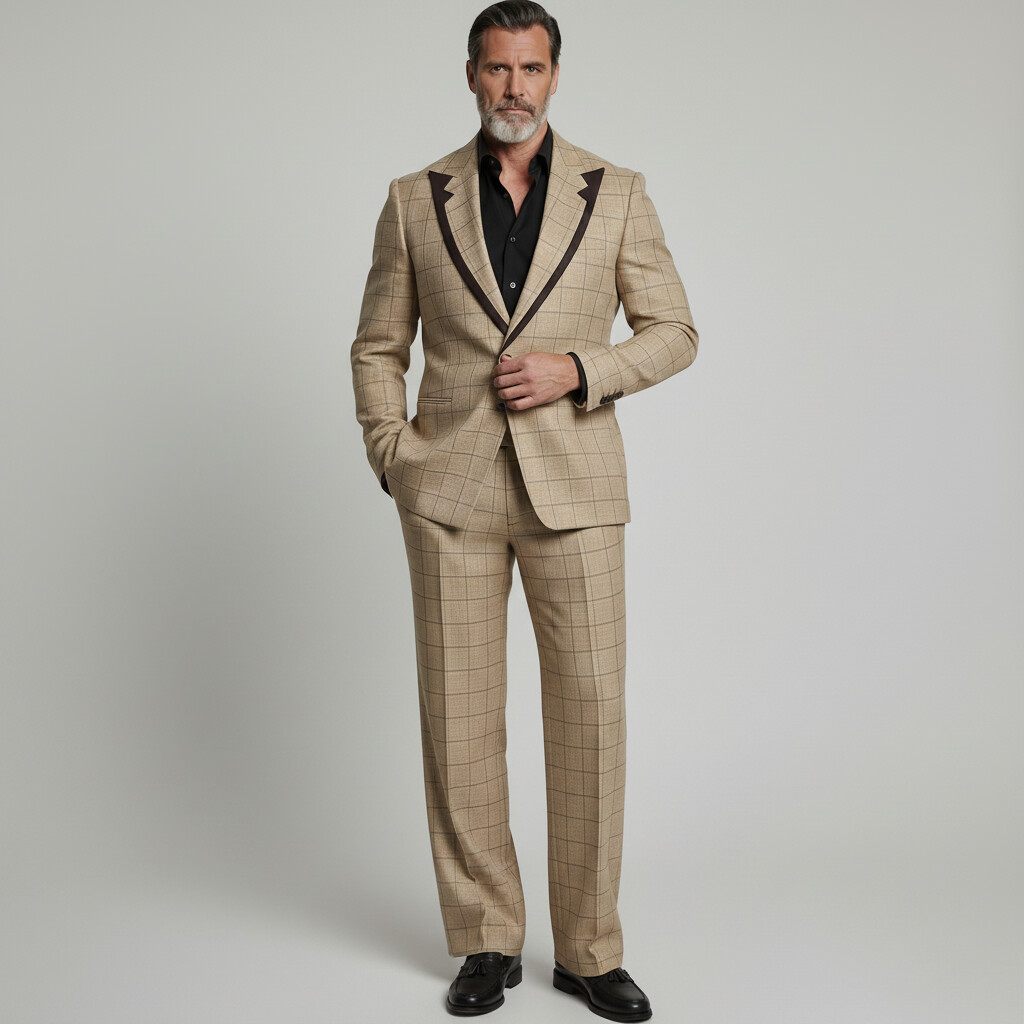 Saco Elegant Khaki a cuadros estampado Contrast Peak Lapel ejecutivo casual para hombre