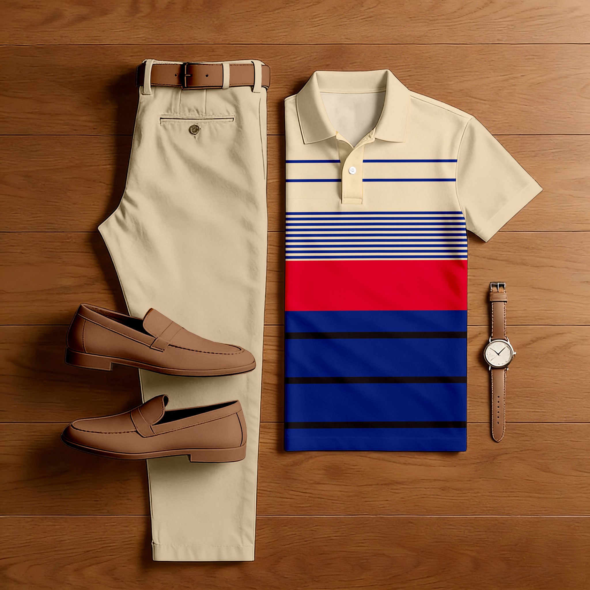 Conjunto de dos piezas casual Khaki & Navy Blue & Red Color Matching a rayas estampado de manga corta camisa polo & Trousers para hombre