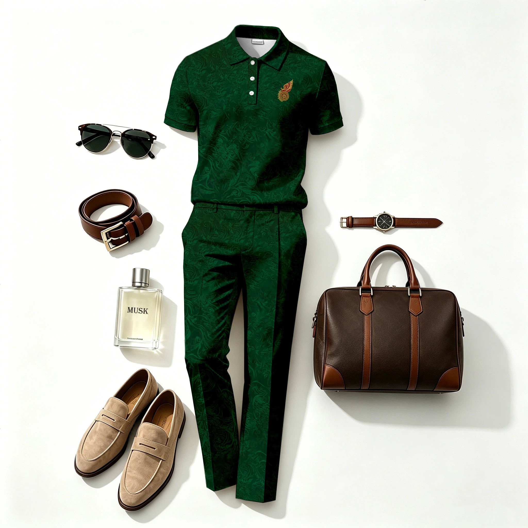 Conjunto de dos piezas casual Subtle-Patterned de manga corta camisa polo and pantalón (Does Not Include Accessories Such As Watches Or Glasses) para hombre