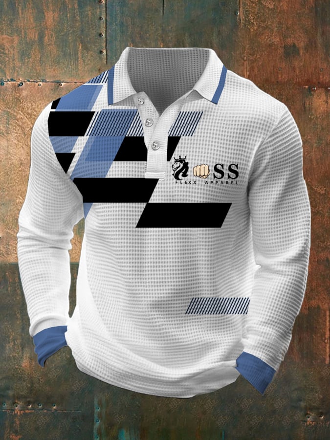 Camisa polo retro Letter Design Waffle Fabric de manga larga para hombre