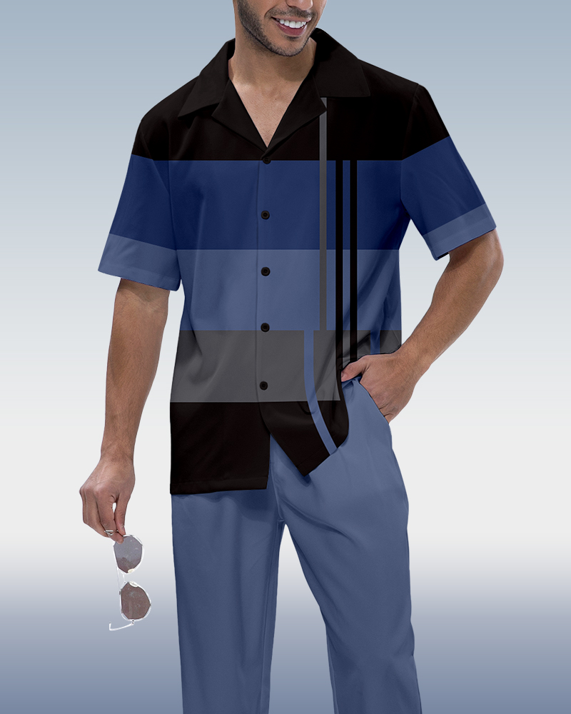 Camisa en bloques de color estampado de manga corta Walking Suit 928 para hombre