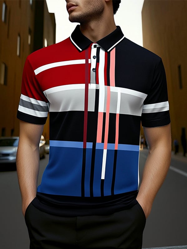 Camisa polo ejecutivo rayas Logo con botones de manga corta para hombre