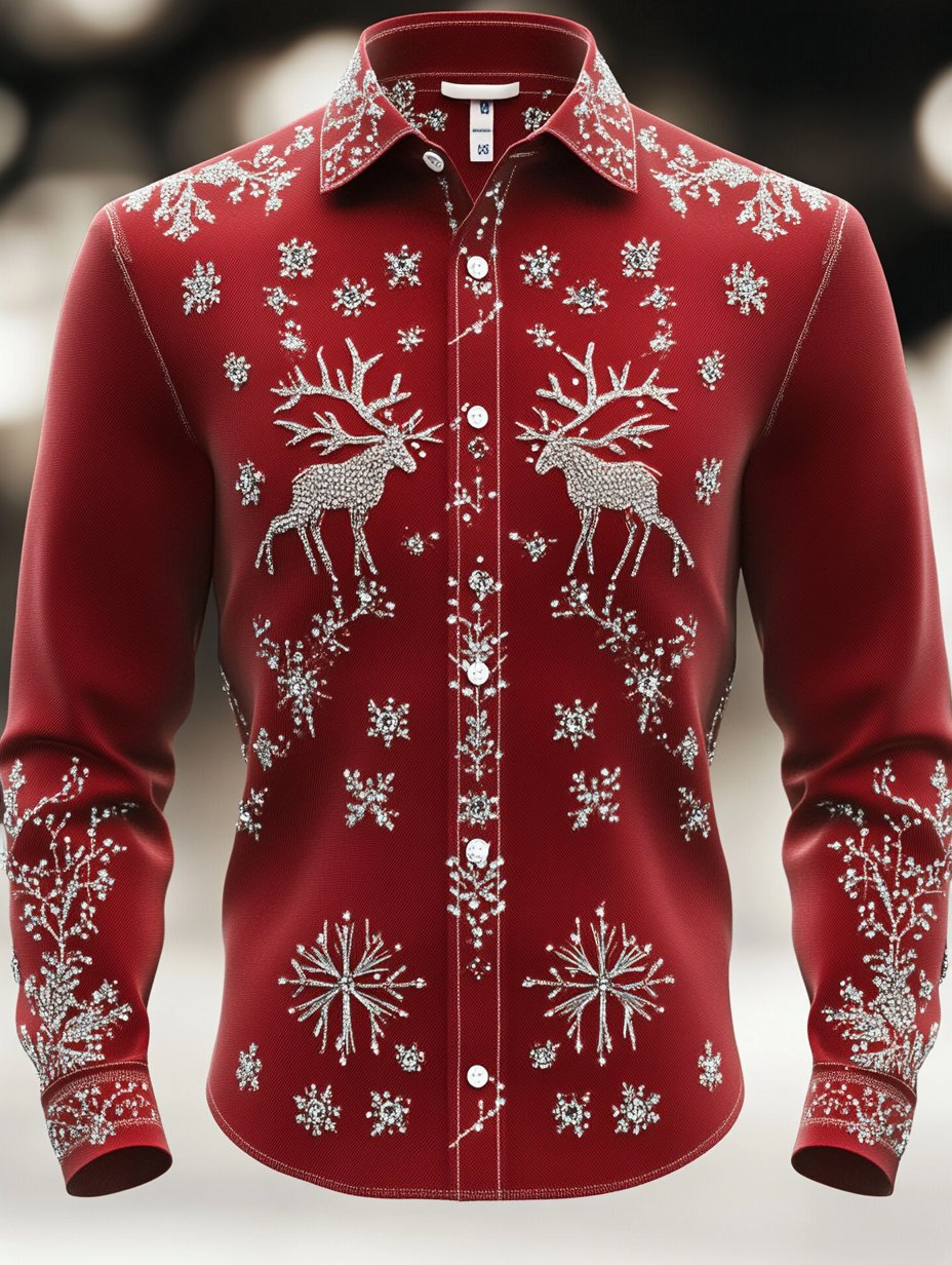 Camisa retro Christmas estampado de manga larga para hombre