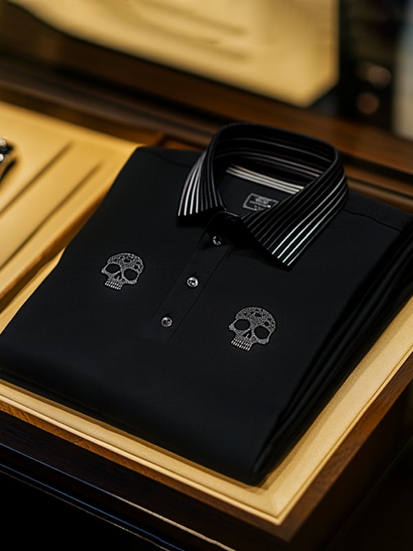 Camisa polo ejecutivo casual Skull estampado con botones para hombre