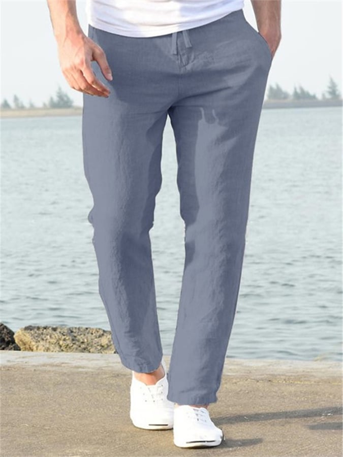 Casual de color sólido de algodón And de lino Drawstring Elastic Waist Trousers para hombre