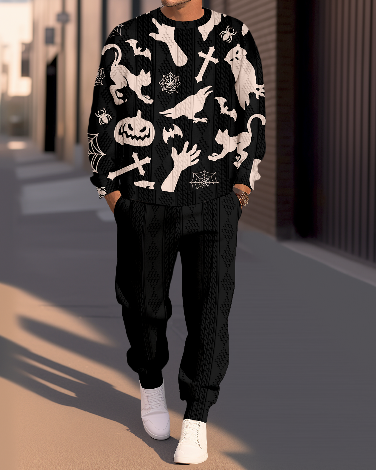Halloween Textured Jacquard Round Neck casual Sports Set 003 para hombre