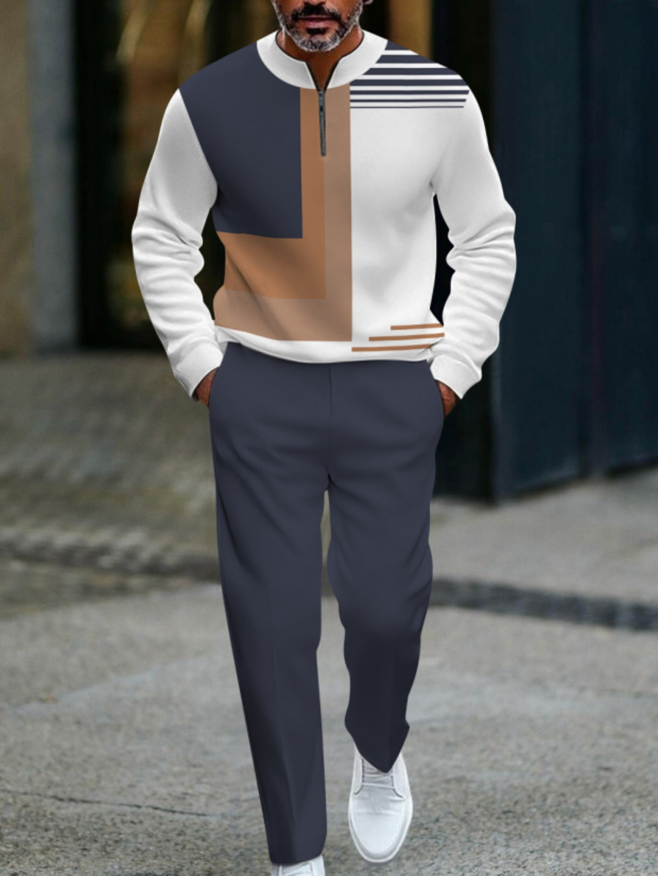 Conjunto de dos piezas casual Color Matching estampado Round-Neck Zipper de manga larga Trousers para hombre