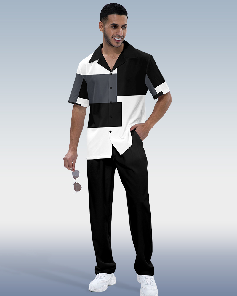 Camisa en bloques de color de lujo estampado de manga corta Walking Set 1015 para hombre