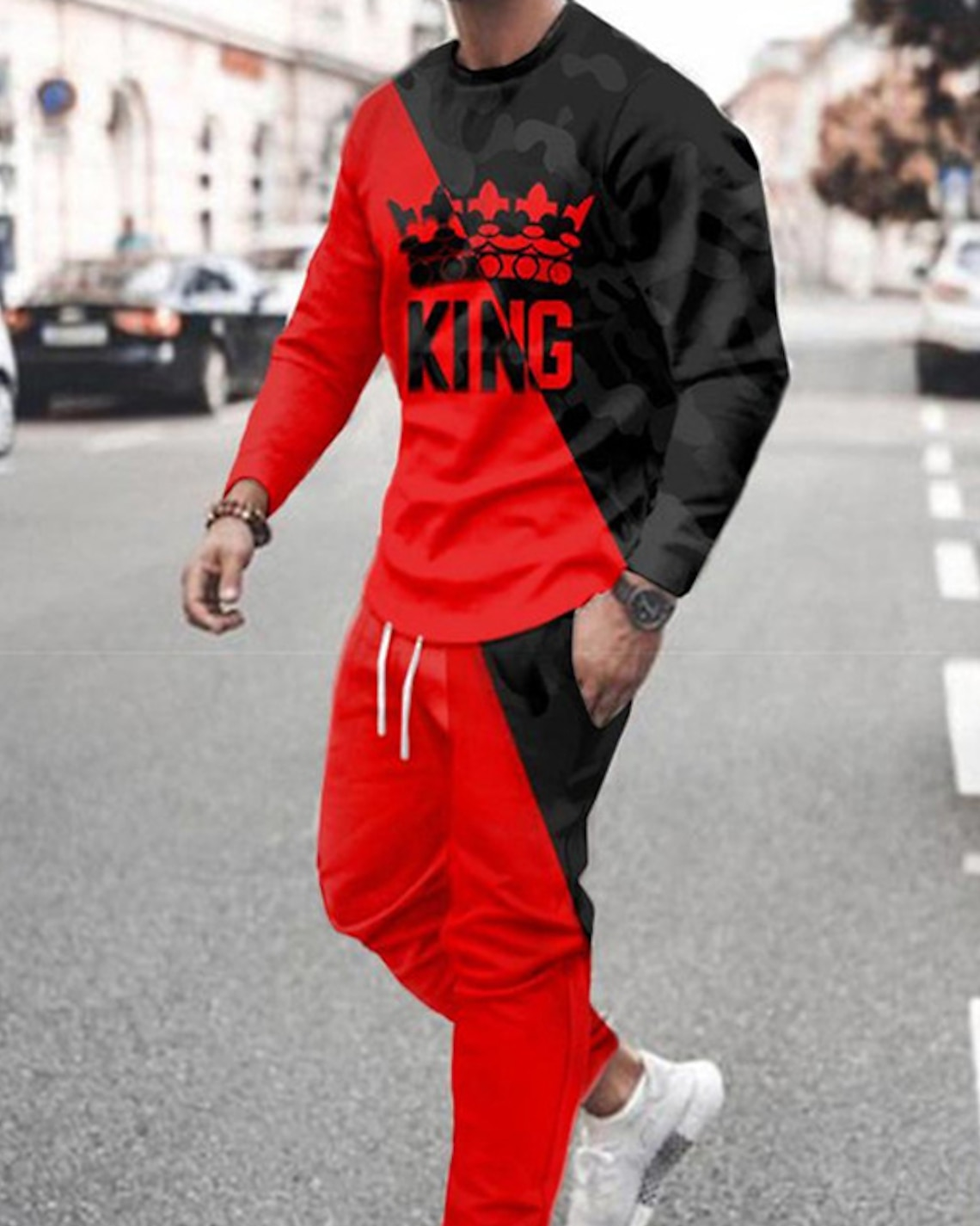 Casual color matching estampado de manga larga sports set 037 para hombre