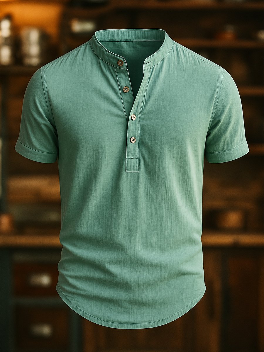 Camisa casual Half-Open Stand-Up cuello de manga corta para hombre