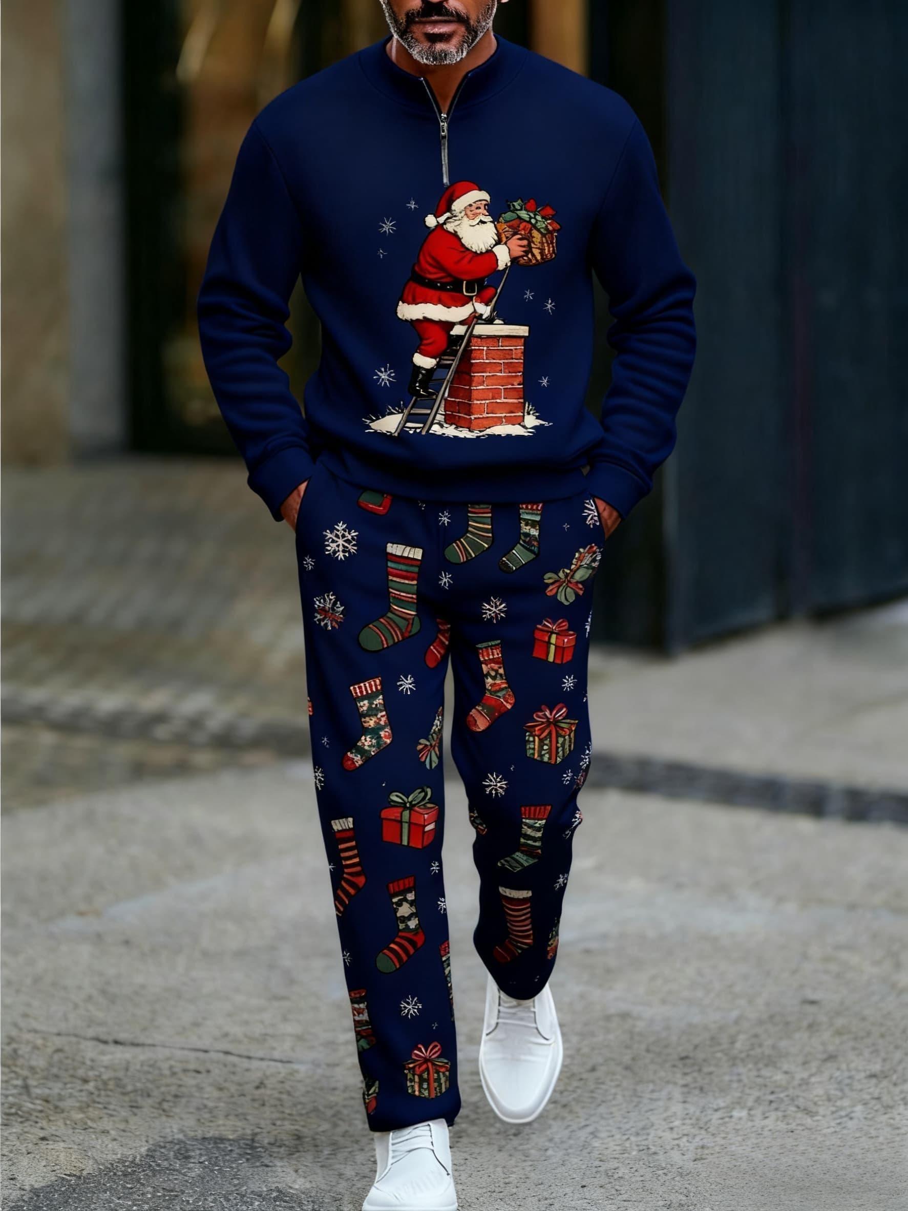 Conjunto de dos piezas Christmas estampado Round-Neck cierre de manga larga Trousers para hombre