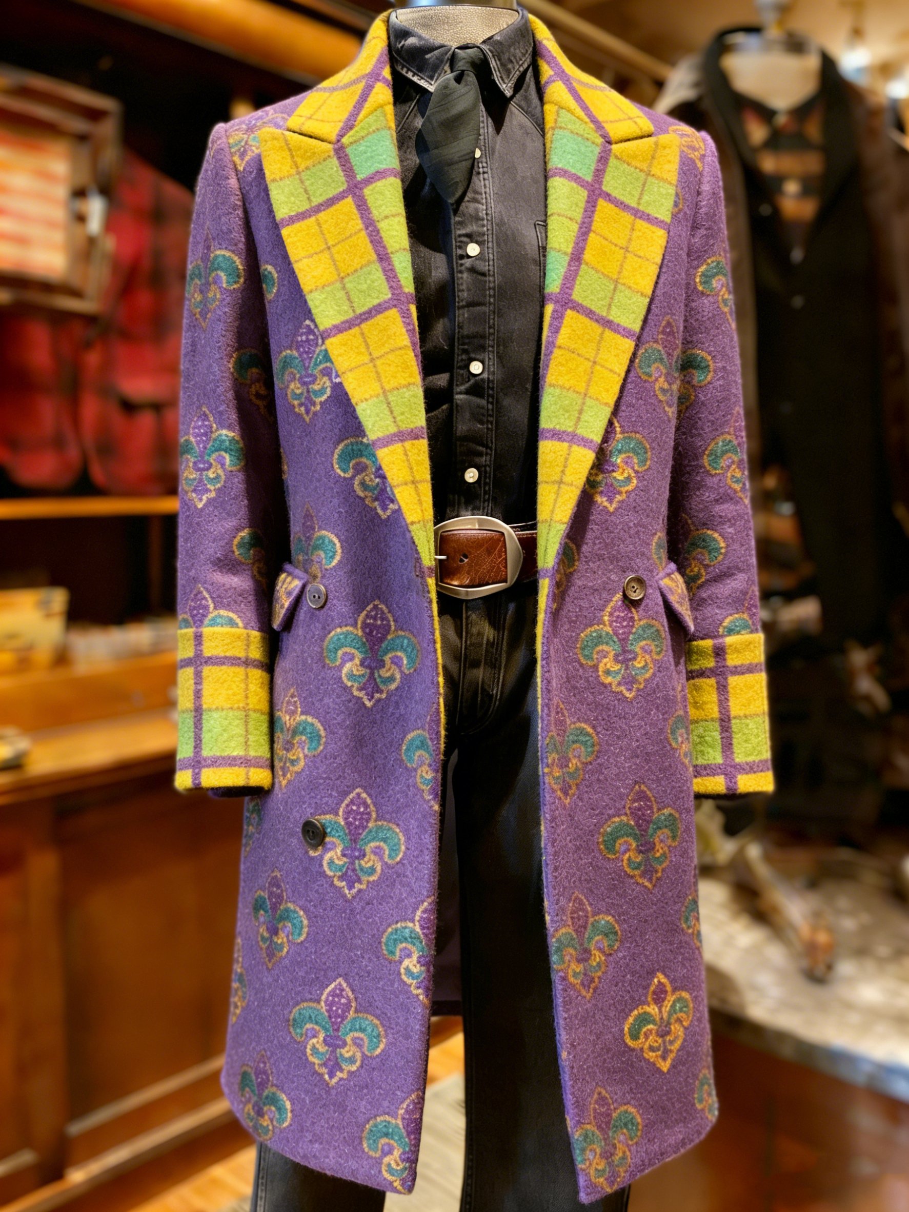 Abrigo ejecutivo vintage Mardi Gras Fleur-de-lis estampado Long lana para hombre