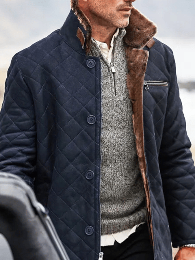 Abrigo de modaable Open bolsillo Button Design Quilting Imitation cuero Plush Warm para hombre