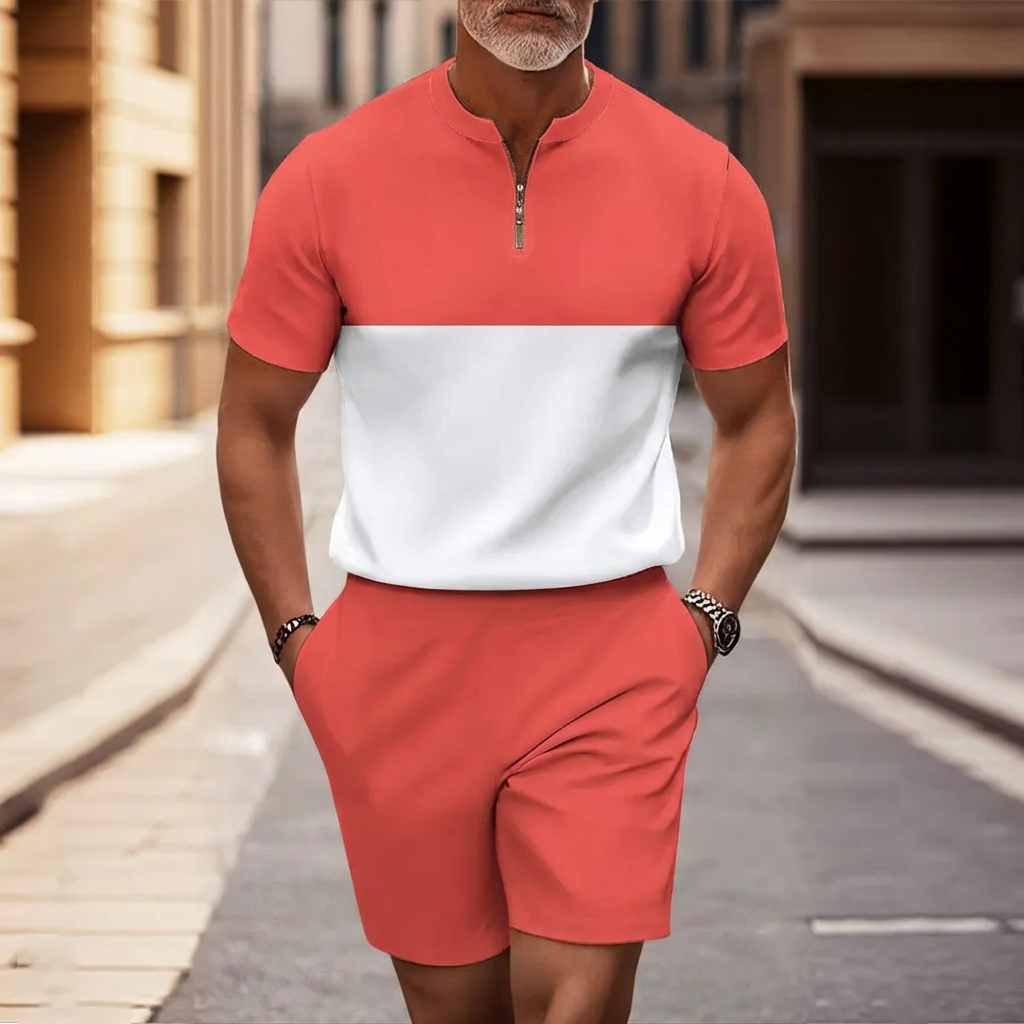 Conjunto de dos piezas casual Color-Blocked estampado con cierre de manga corta camisa And shorts para hombre