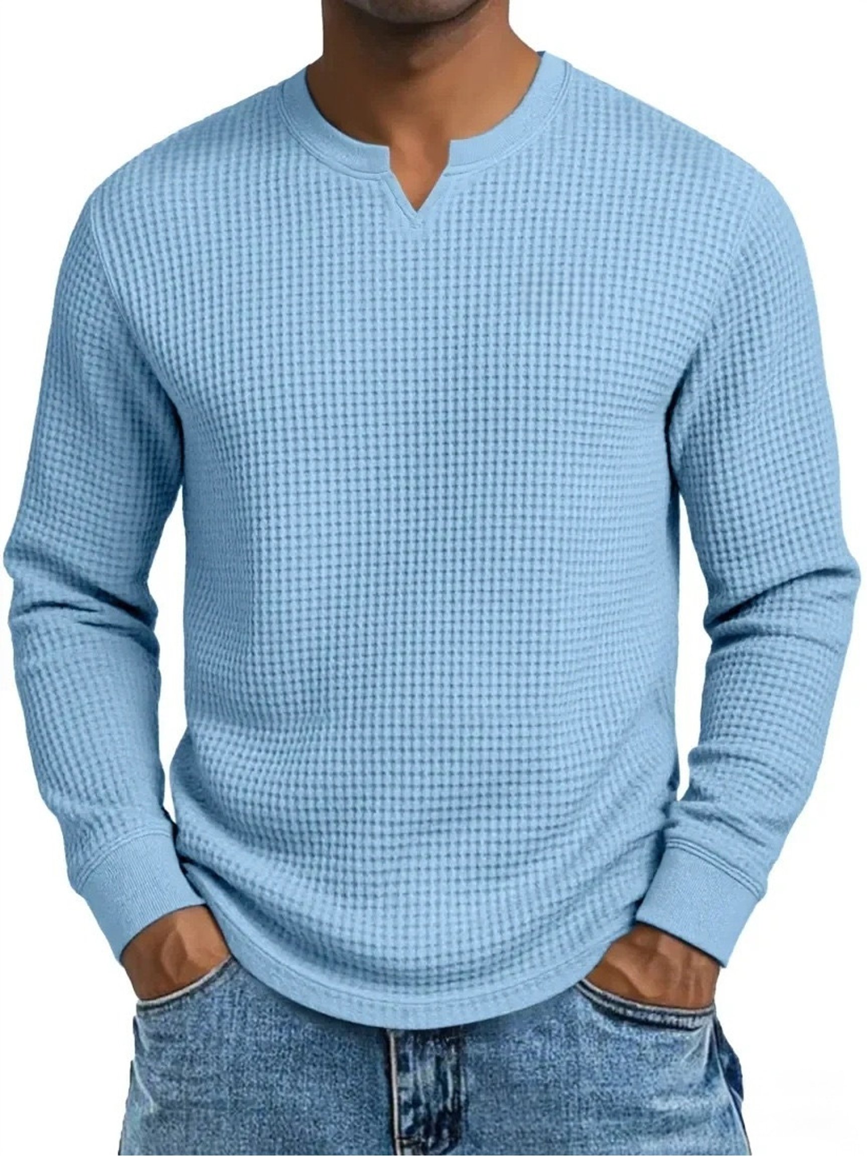 Camiseta vintage tejido tipo waffle V-Neck de manga larga para hombre