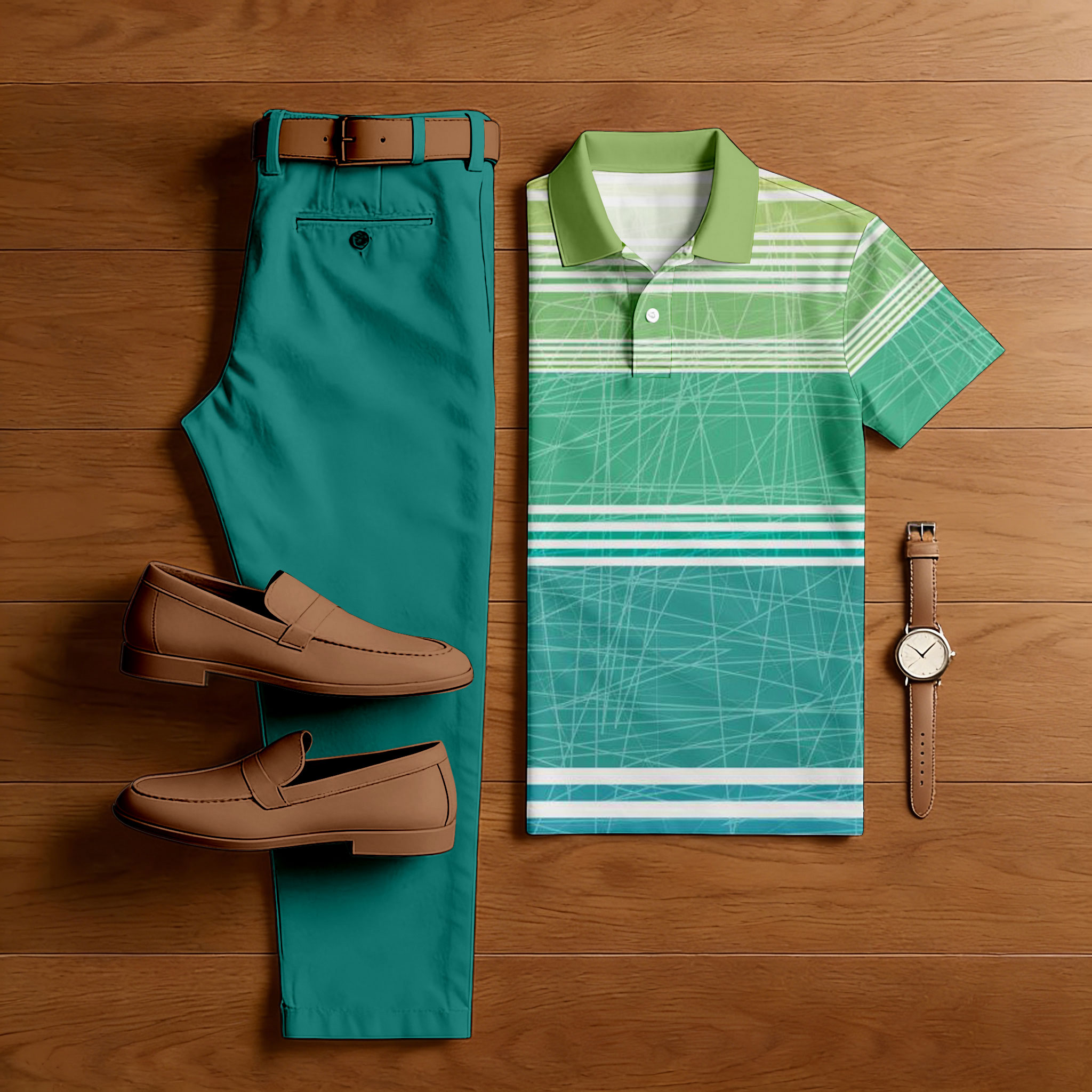 Conjunto de dos piezas casual Green Color Matching Gradient a rayas estampado de manga corta camisa polo & Trousers para hombre
