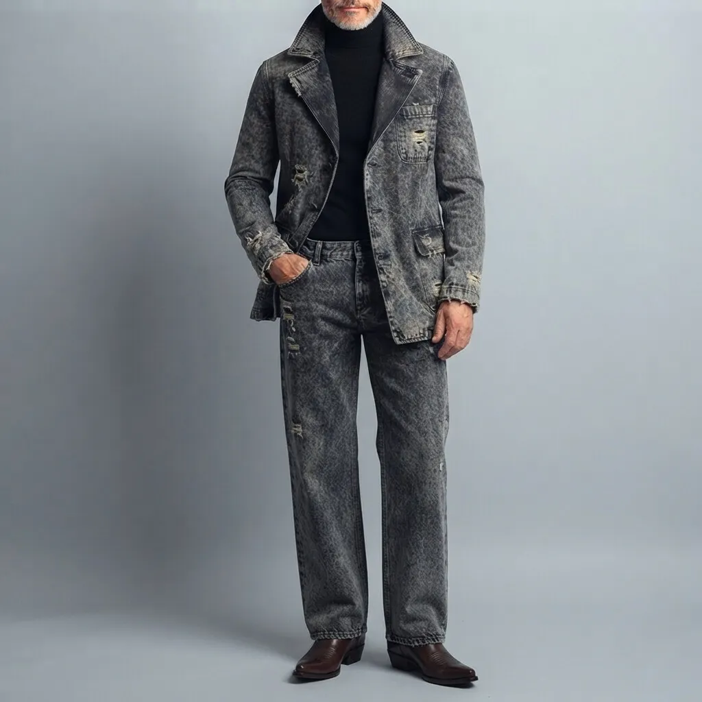 para hombre vintage Notched Lapel Single Breasted Wash Distressed Ripped Frayed Pocket de manga larga Denim chaqueta