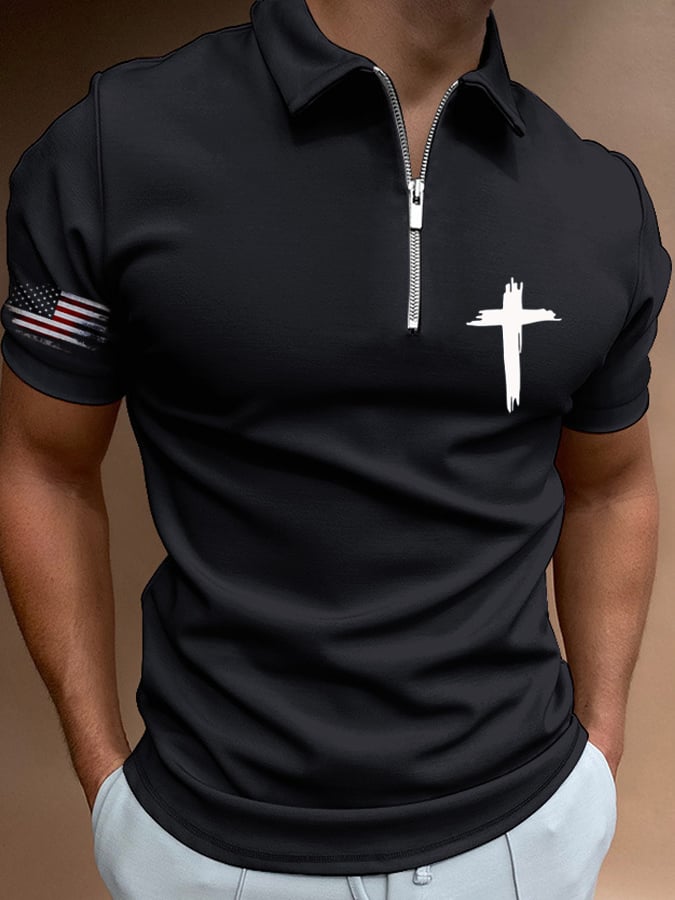 Camisa polo Flag Cross estampado casual para hombre