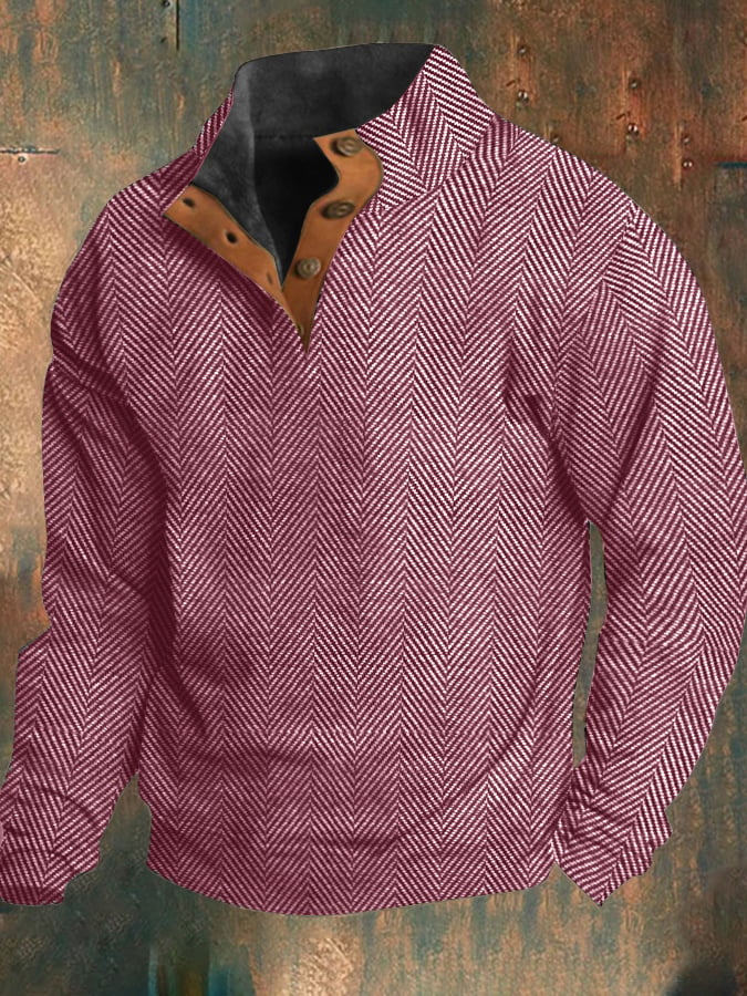 Sudadera Western vintage Herringbone estampado Design Stand cuello con botones para hombre