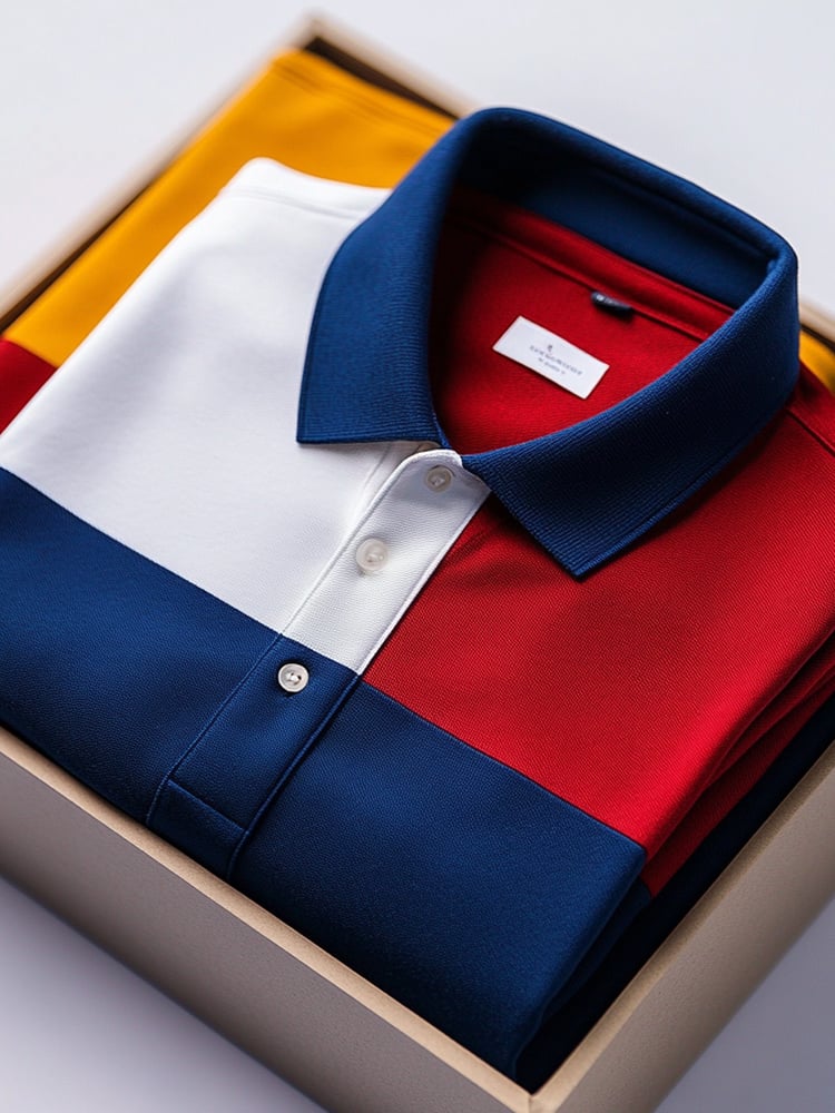 Camisa polo ejecutivo casual Red White Blue Block Button de manga corta para hombre