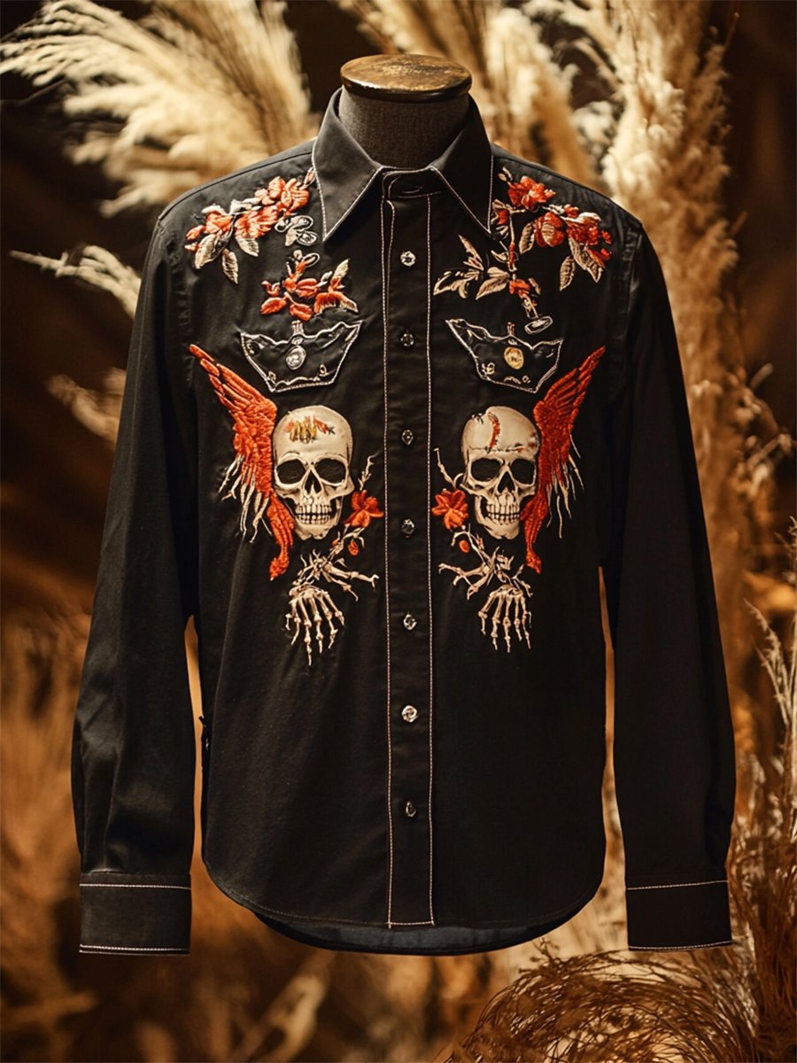 Camisa retro casual Skull estampado de manga larga para hombre