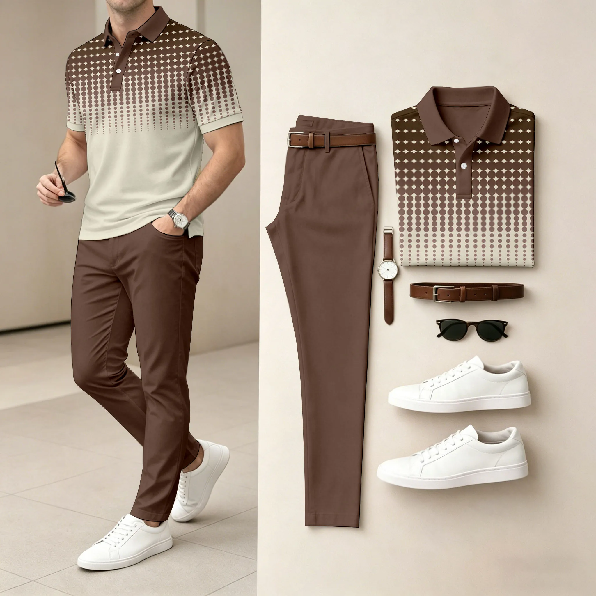 Conjunto de dos piezas Khaki Dots casual estampado camisa polo And pantalón para hombre