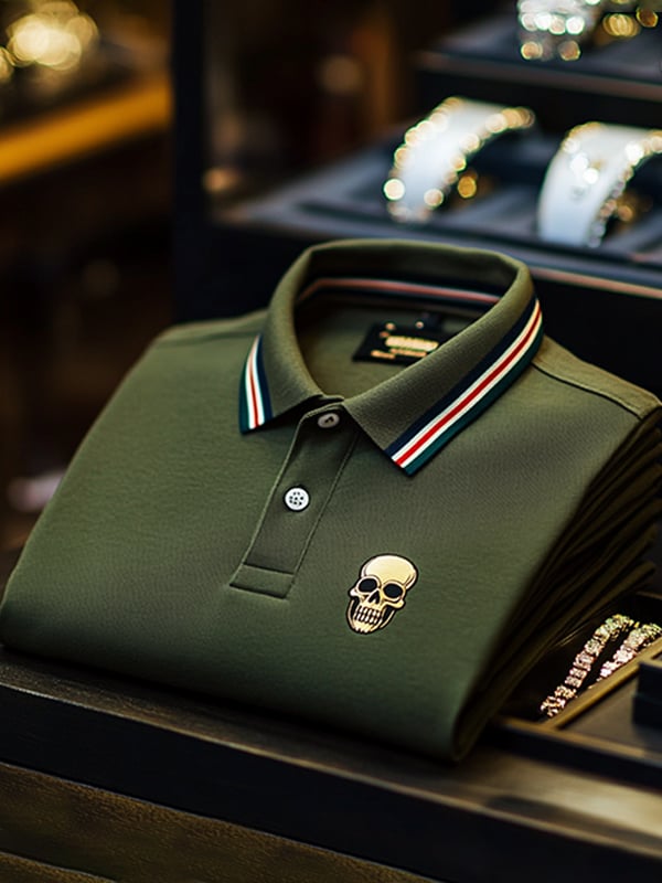 Camisa polo ejecutivo casual Skull estampado con botones para hombre