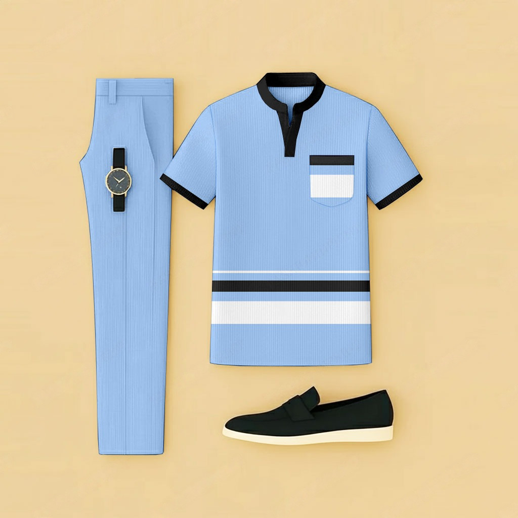 Conjunto de dos piezas casual Sky Blue Geometric estampado de manga corta camiseta And pantalón para hombre