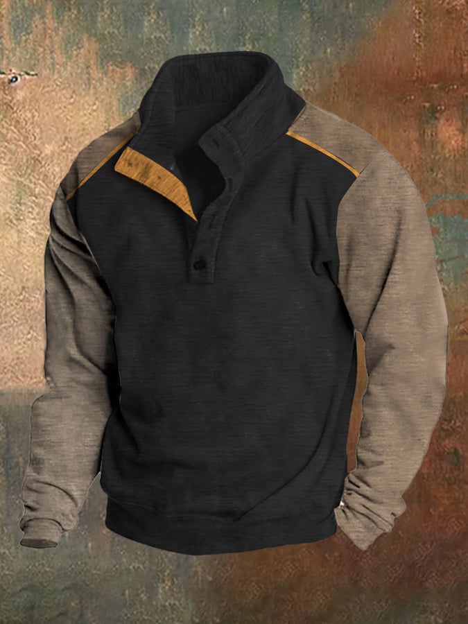 Sudadera polar retro Color Patchpara trabajo Stand cuello para hombre