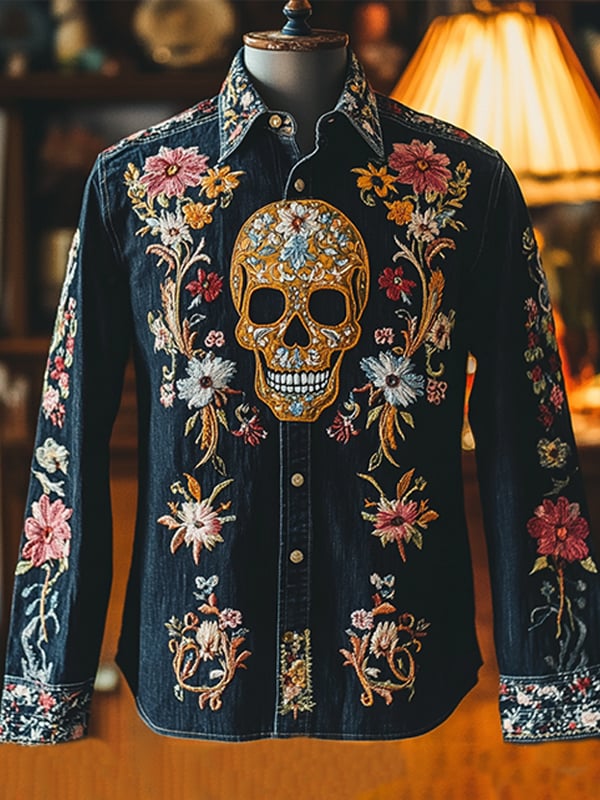 Camisa para exterior vintage Skull and floral estampado de manga larga para hombre
