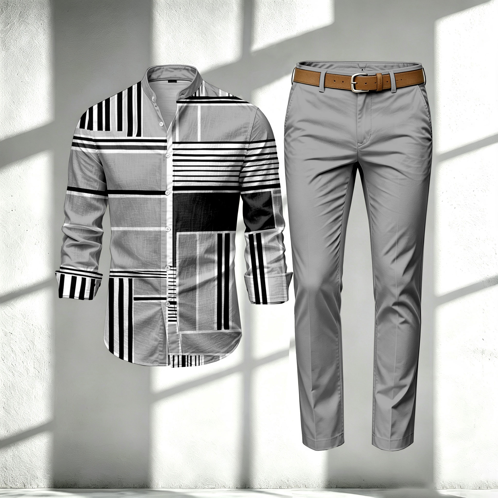 para hombre Multi-en bloques de color-Print Stand-Collar de manga larga camisa and pantalón Set