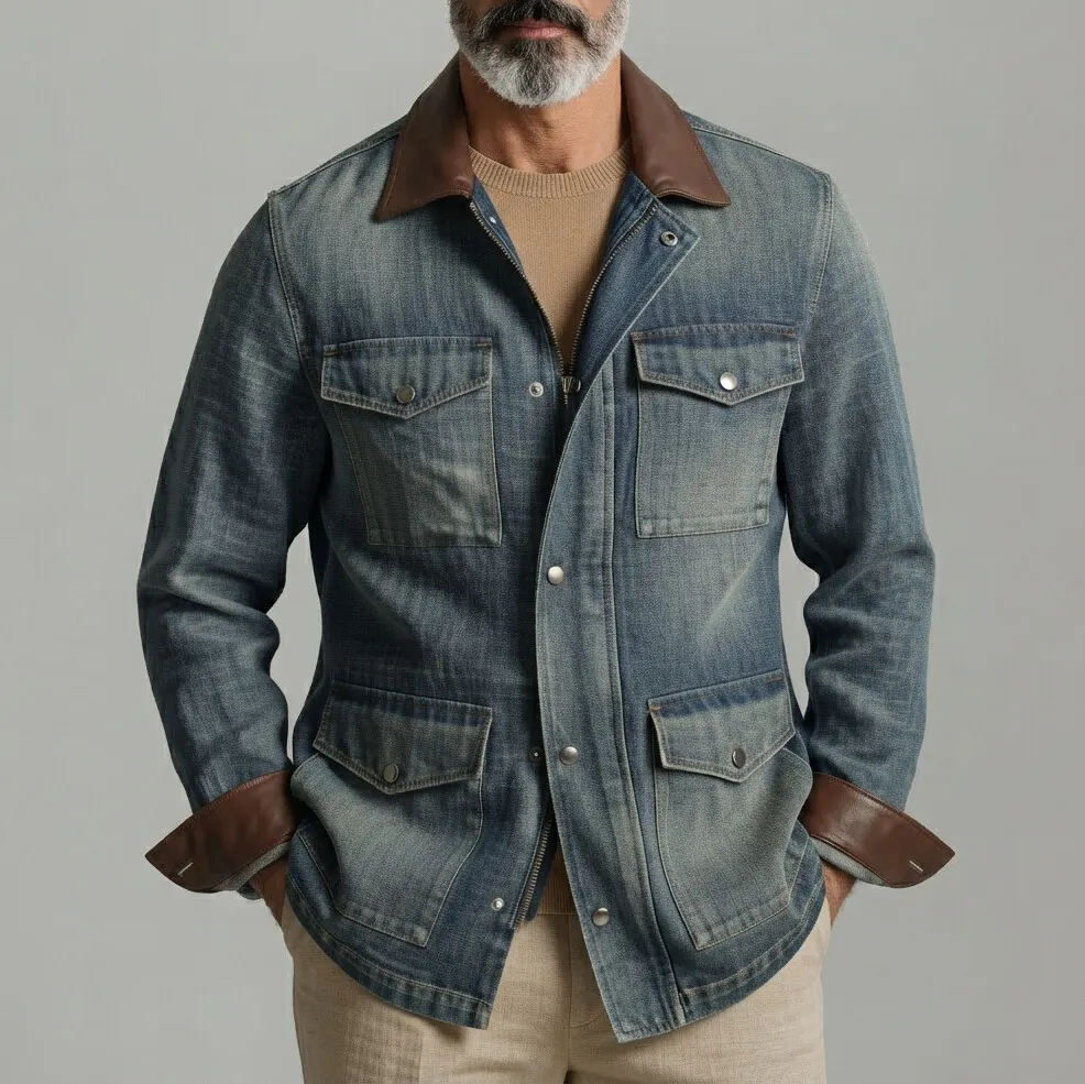 para hombre vintage Multi-Pocket PU Leather Patchwork Turndown Collar con cierre Denim chaqueta