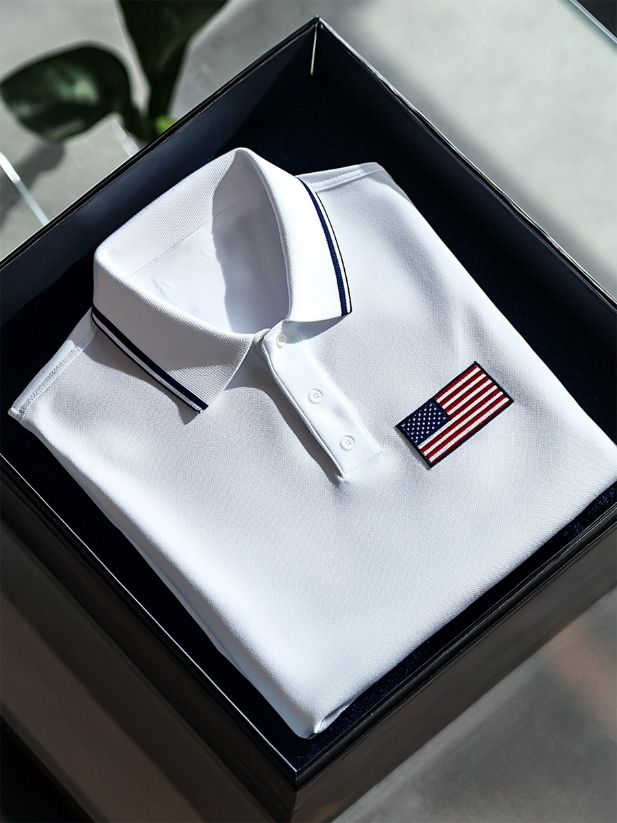 Camisa polo ejecutivo casual a rayas Independence Day Button de manga corta para hombre
