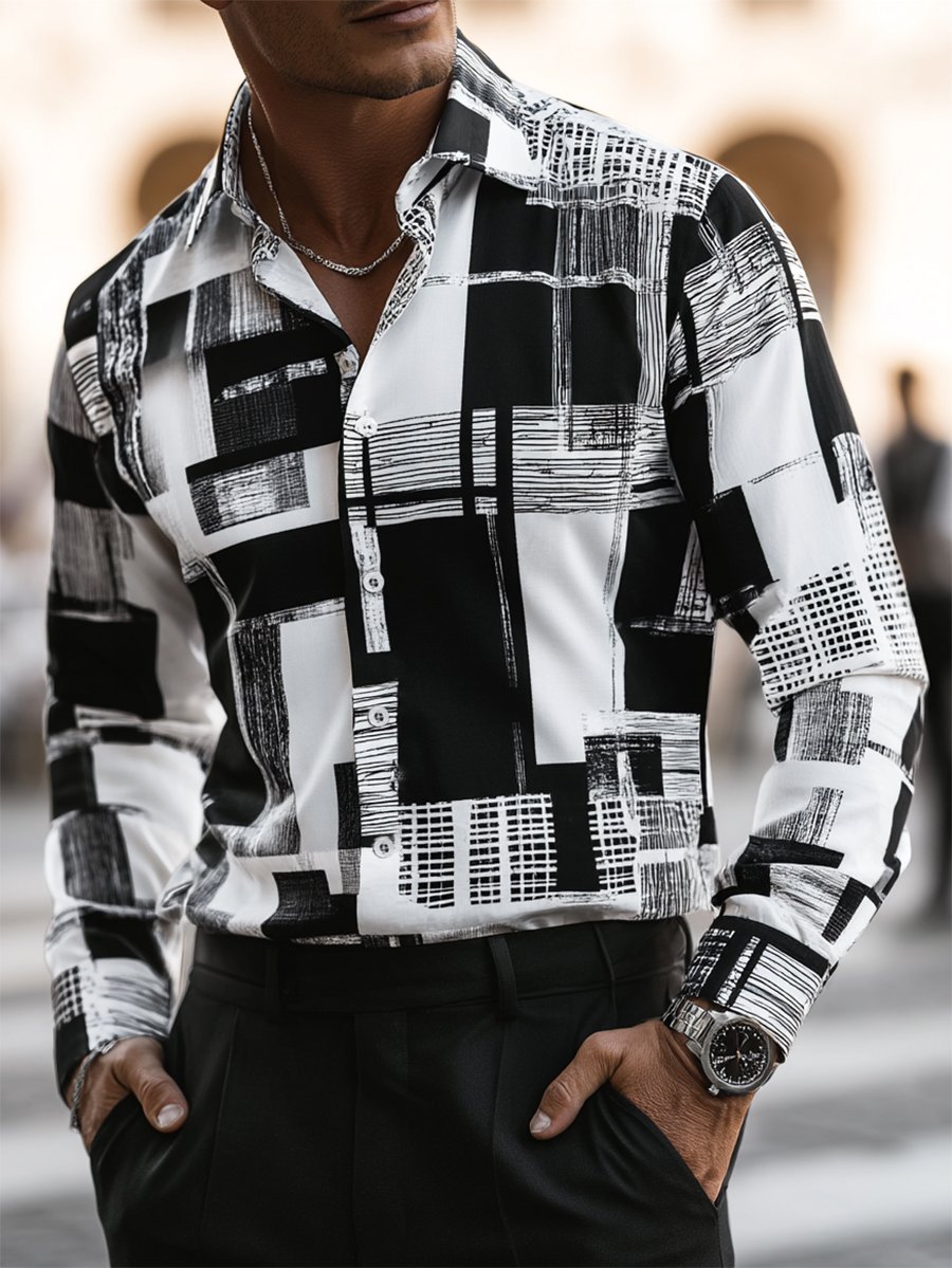 Camisa ejecutivo casual Bauhaus geométrico estampado de manga larga para hombre