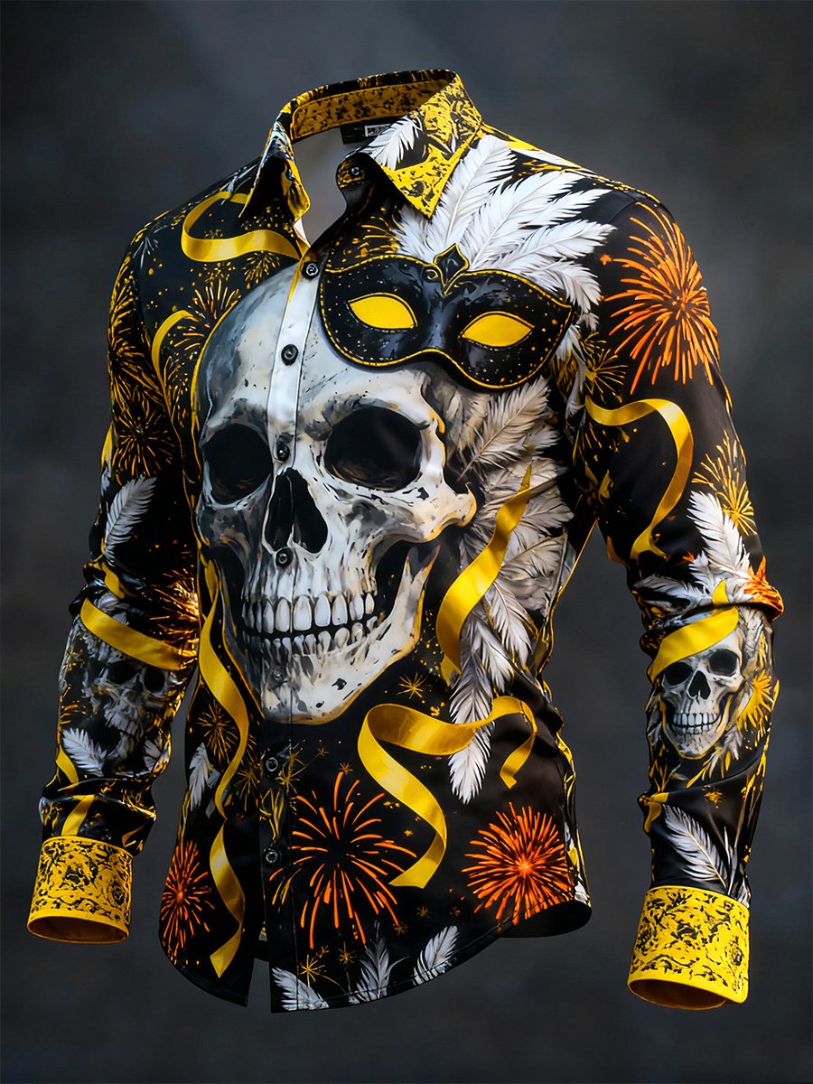 Camisa retro Carnival Skull de manga larga para hombre