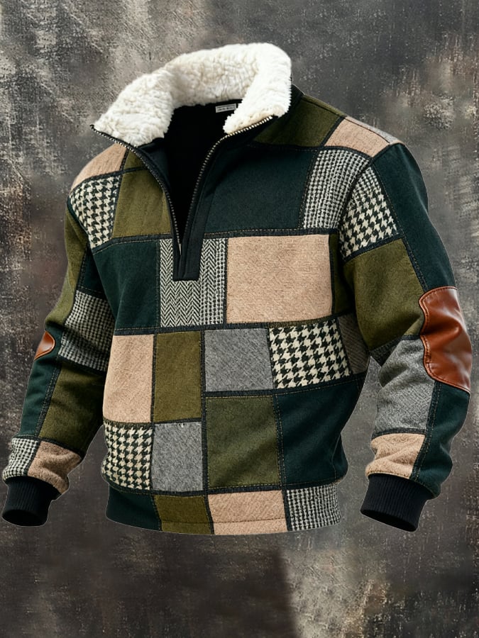 Sudadera retro en bloques de color estampado casual Fur cuello para hombre