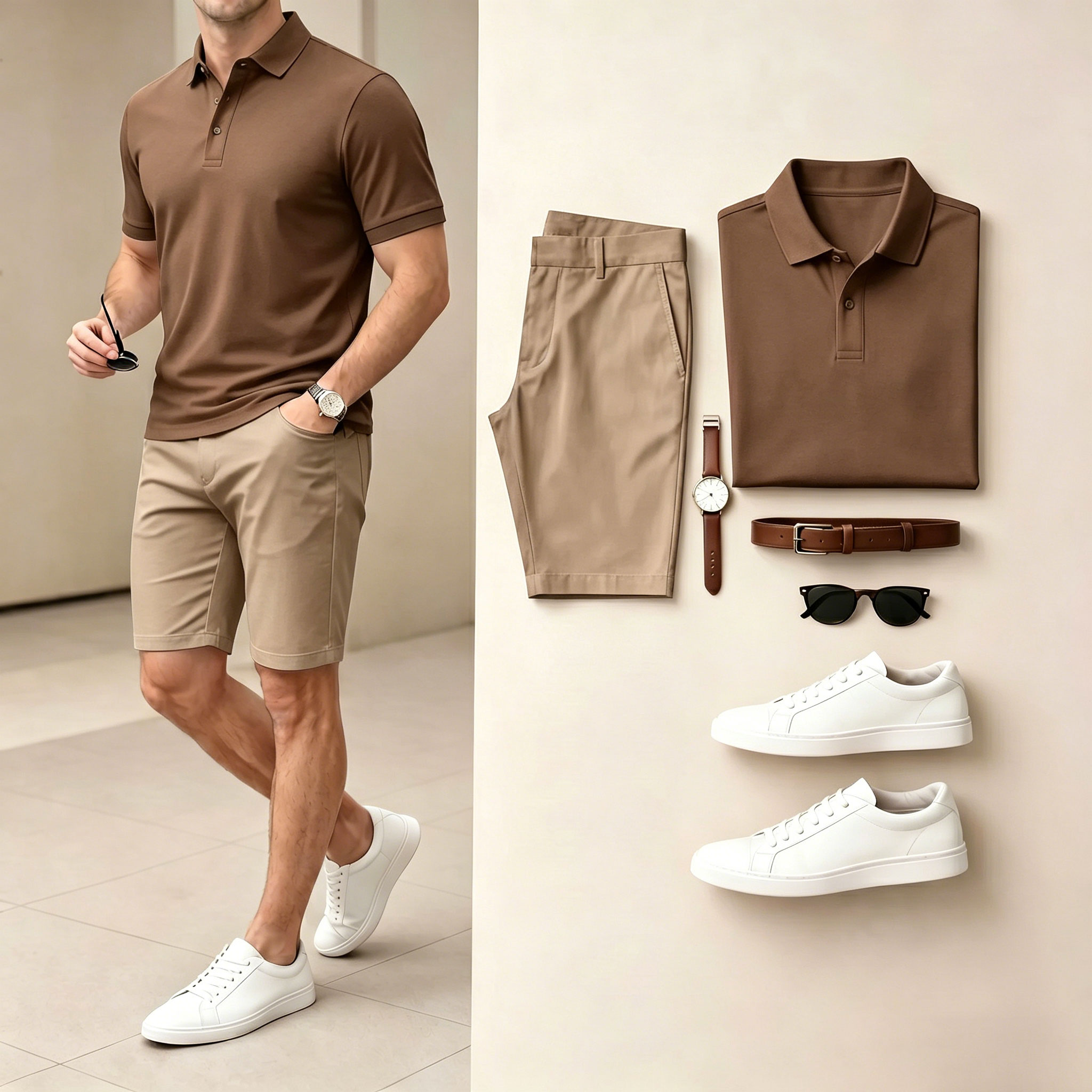 Conjunto de dos piezas casual Brown de color sólido camisa polo & shorts para hombre