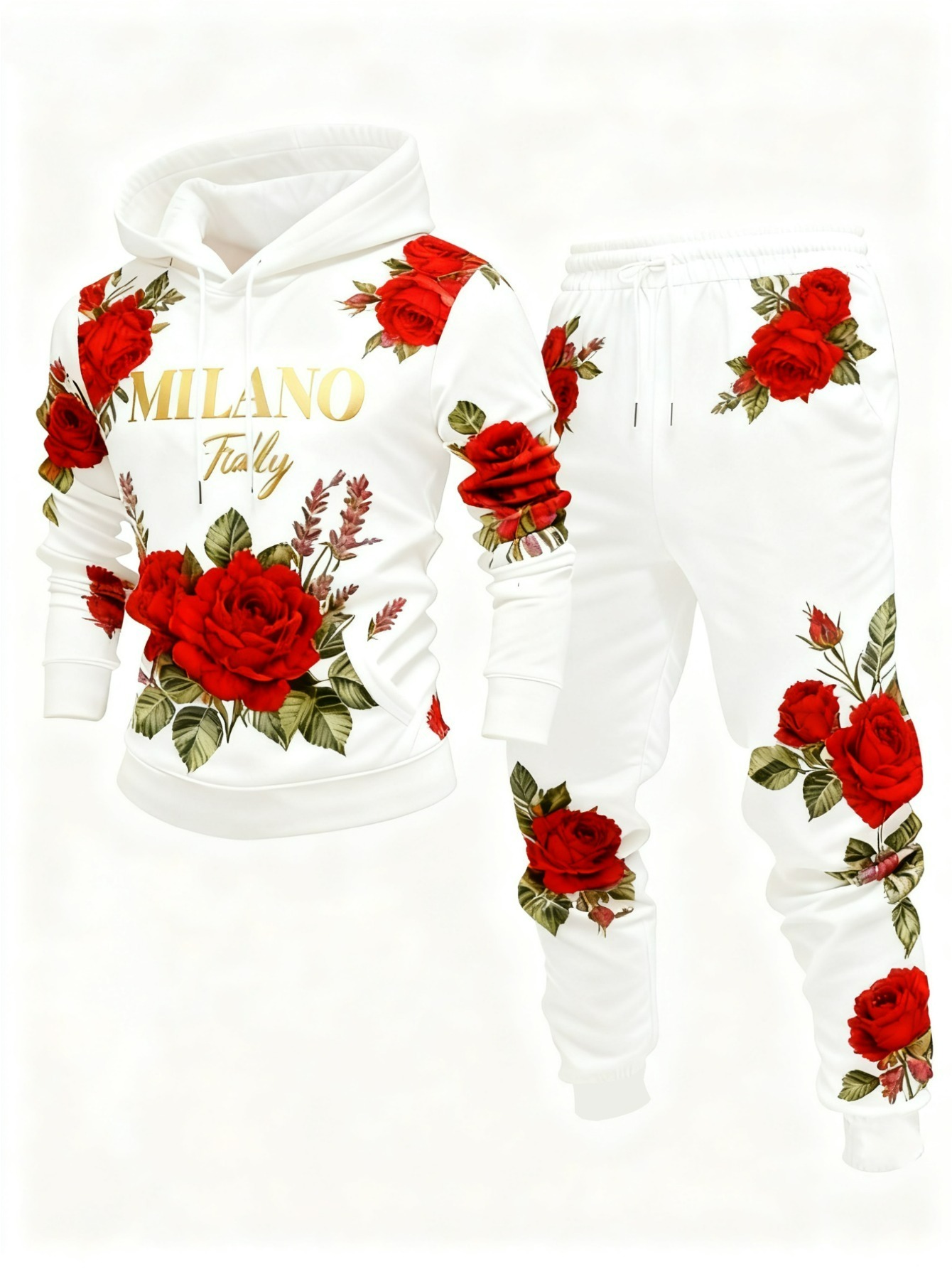 Conjunto de dos piezas casual White & Red Rose Color estampado sudadera con capuchas de manga larga sudaderas & Sweatpantalón para hombre