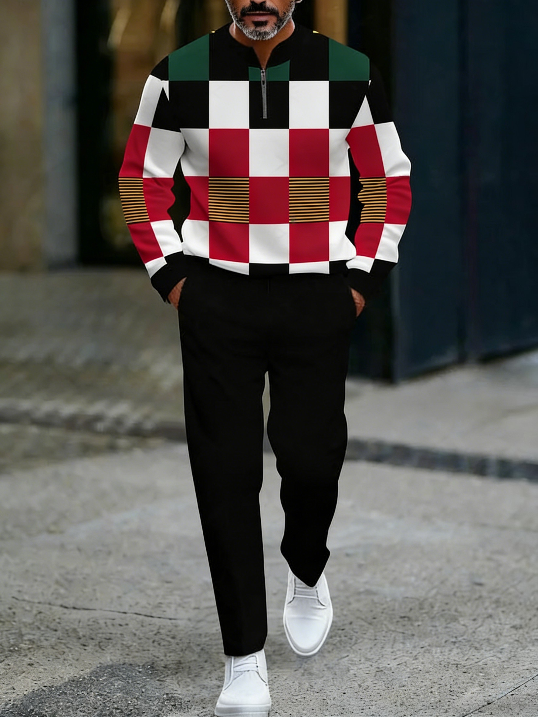 Conjunto de dos piezas casual Black & Multicolor Checked estampado Round-Neck cierre de manga larga Tops & Trousers para hombre