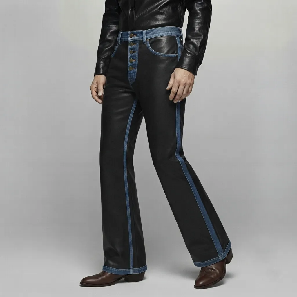 para hombre Black PU Leather Denim Splicing Multi-Button Straight Leg pantalón