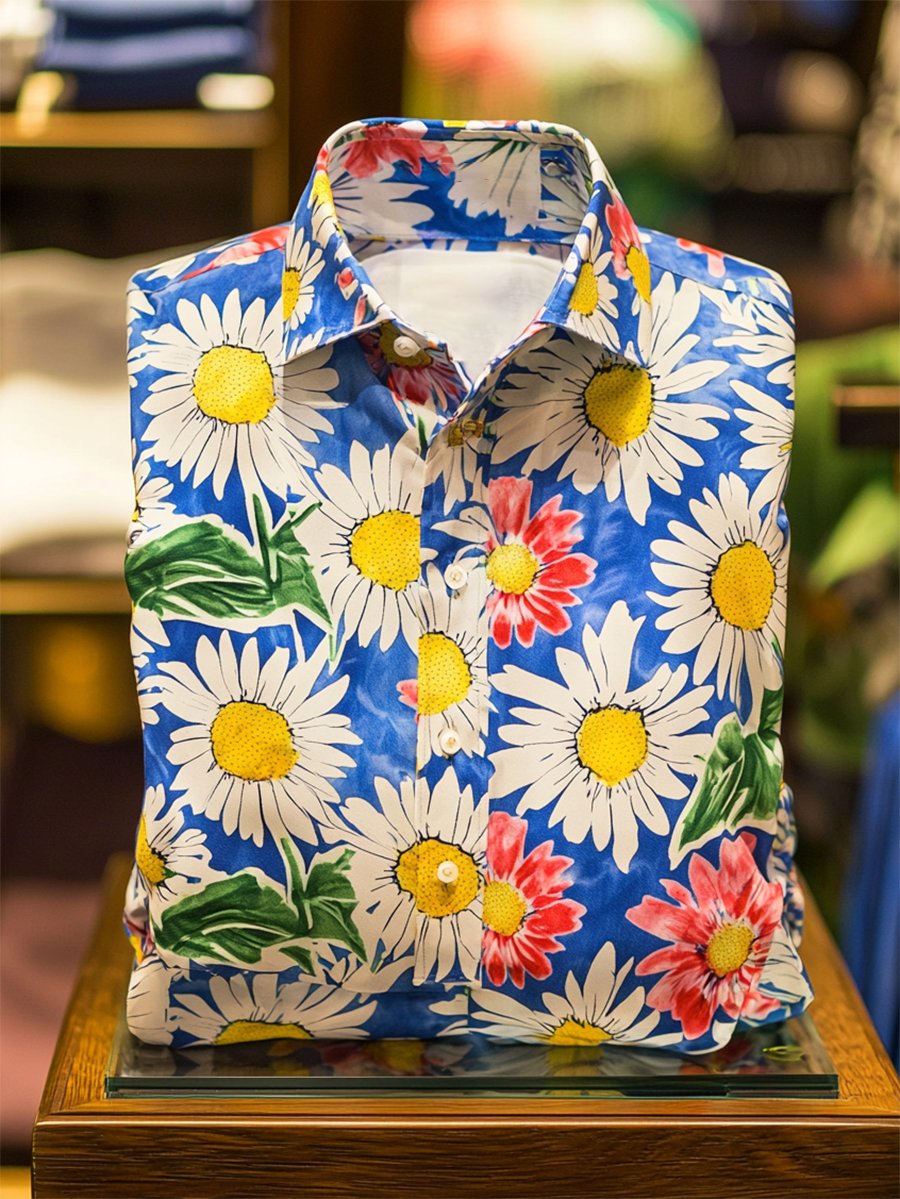 Camisa satén Luxe hawaiano estampado de manga corta Button para hombre
