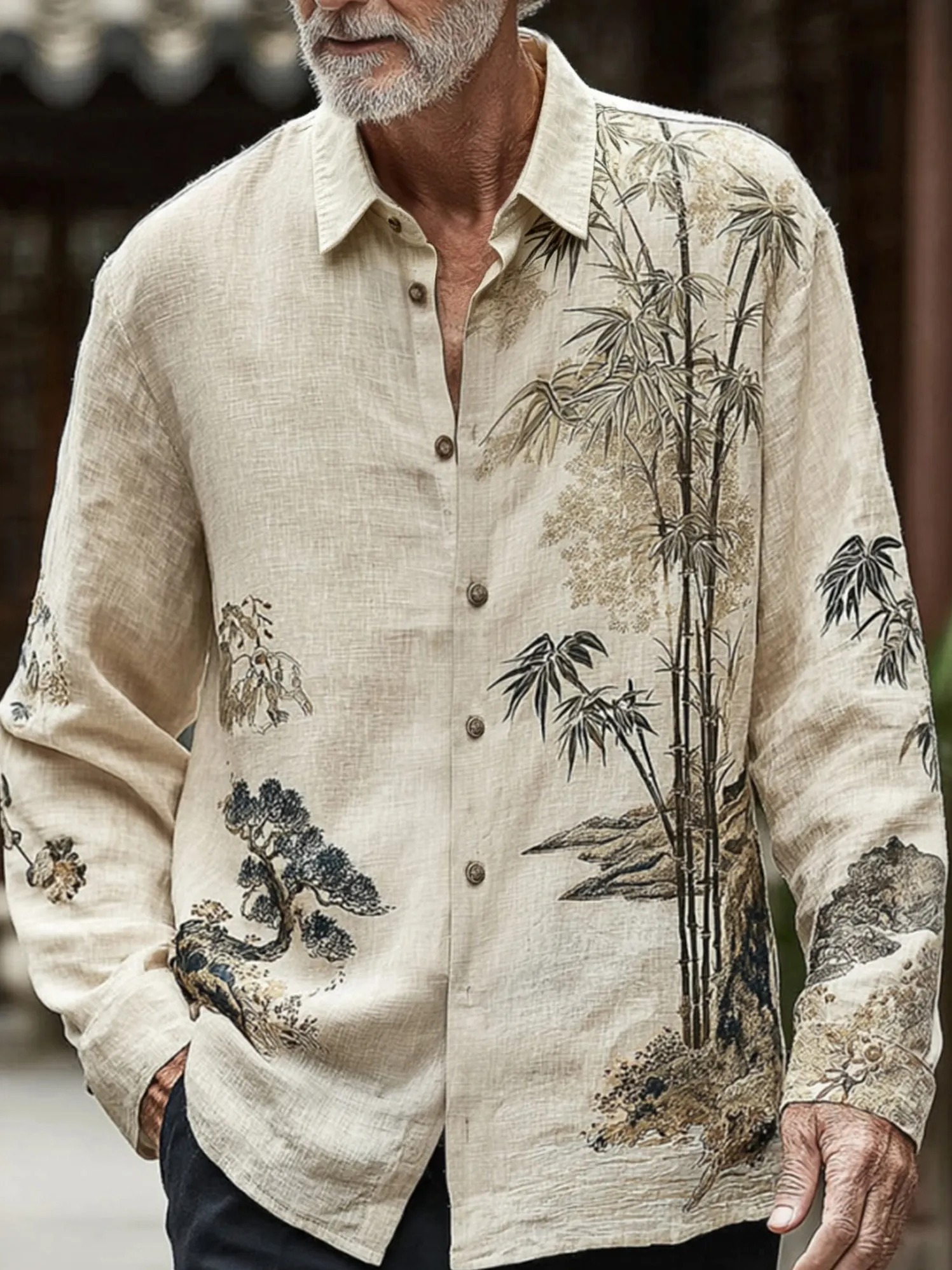 Camisa retro Japanese Bamboo estampado casual de algodón de lino de manga larga para hombre