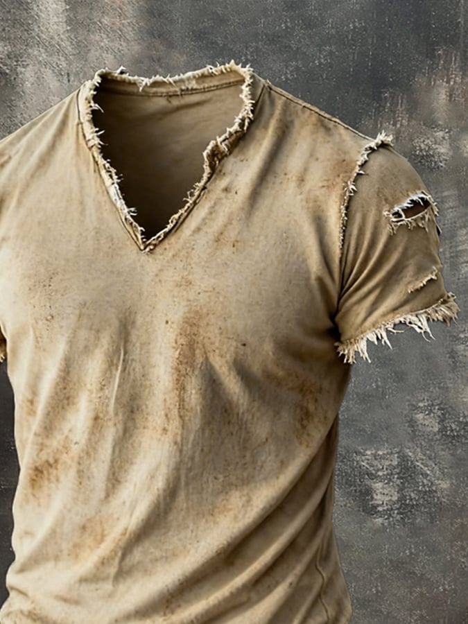 para hombre retro Pure de algodón Washed casual V-Neck de manga corta Top