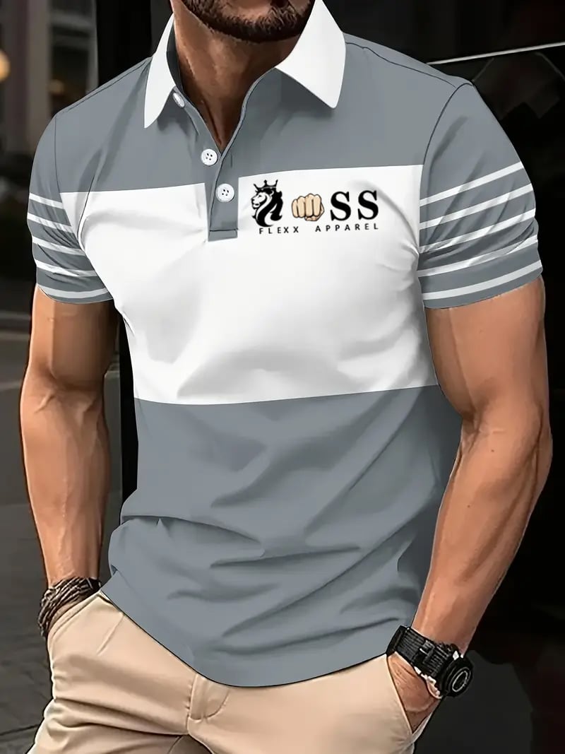 Camisa polo retro Letter Design estampado casual para hombre