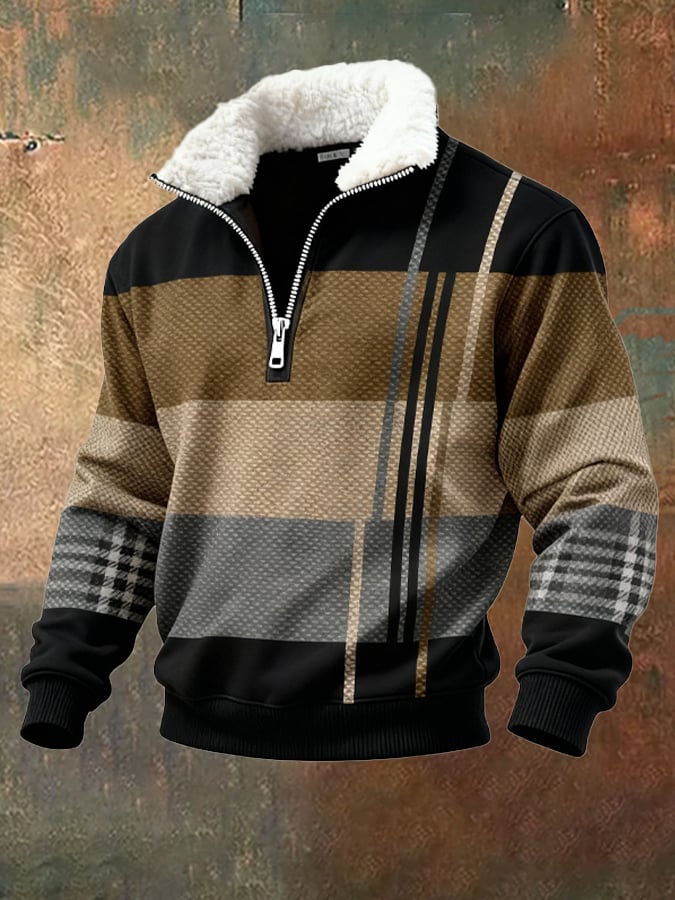 Sudadera retro en bloques de color estampado casual Fur cuello para hombre