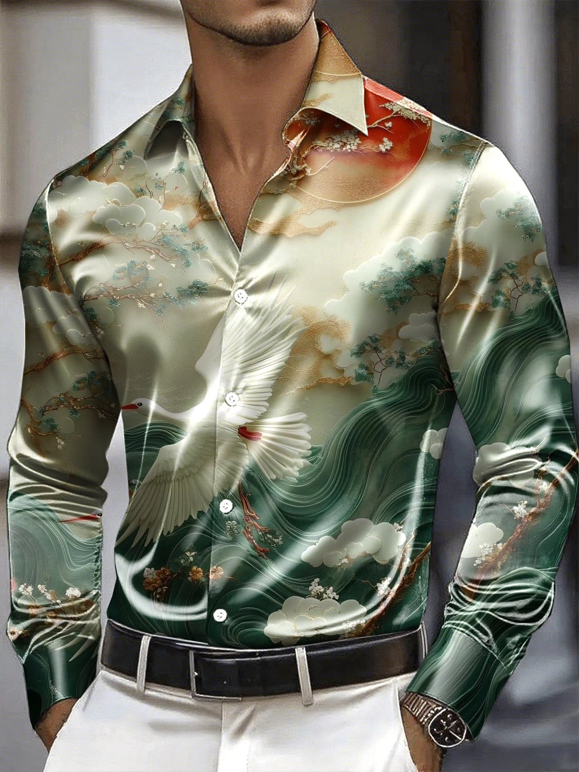 Camisa satén Luxe de manga larga con botones para hombre