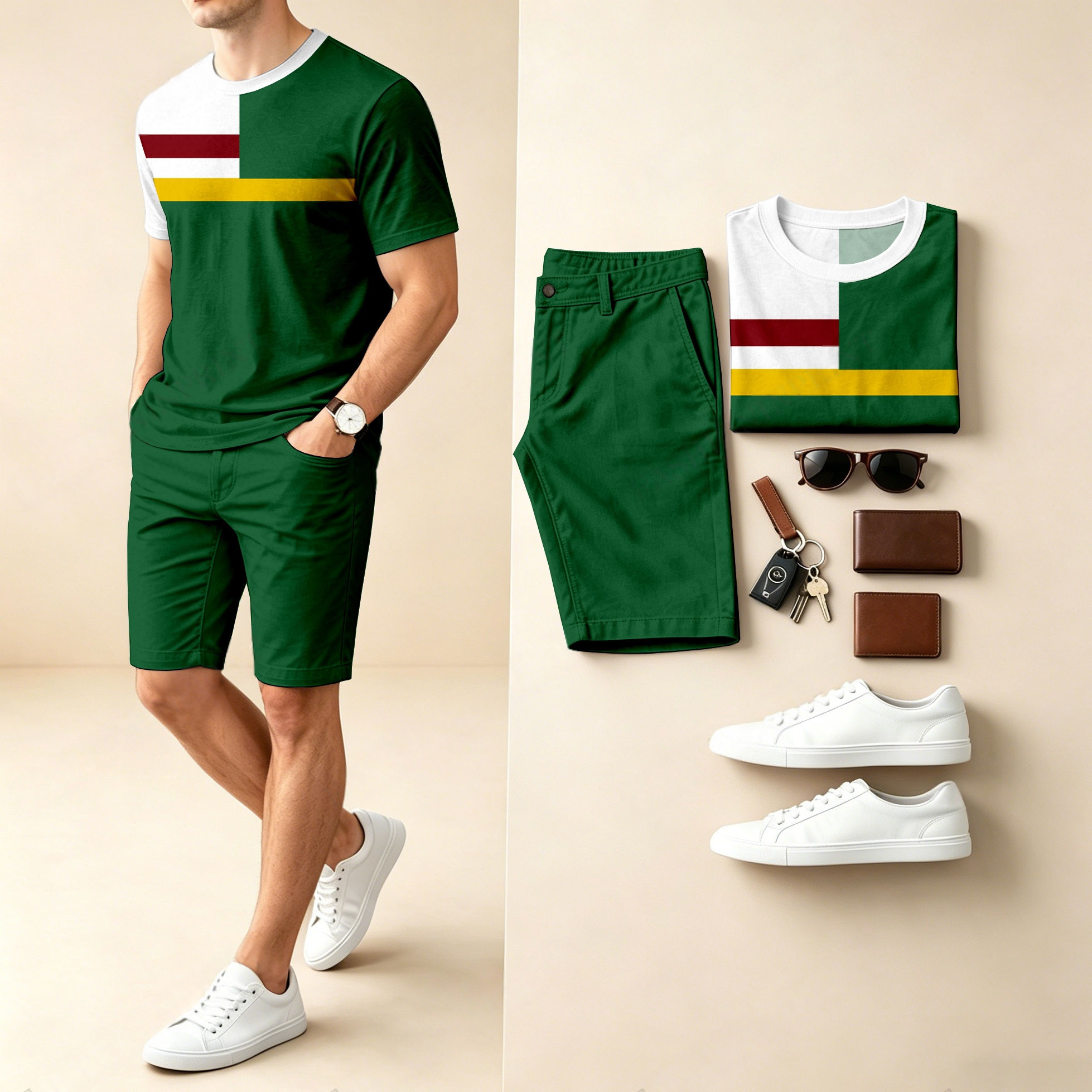 Conjunto de dos piezas casual Color-Blocked estampado Round-Neck de manga corta camiseta And shorts para hombre