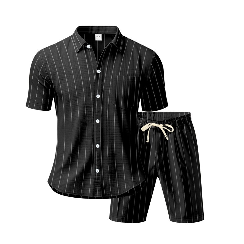 Conjunto de dos piezas a rayas de lino , casual de manga corta con botones camisa and Beach shorts Set, Lightweight transpirable Summer Outfit, holgado Fit Drawstring shorts, Comfortable elegante Set for Vacation Travel Resort para uso diario Wear Lounge para hombre